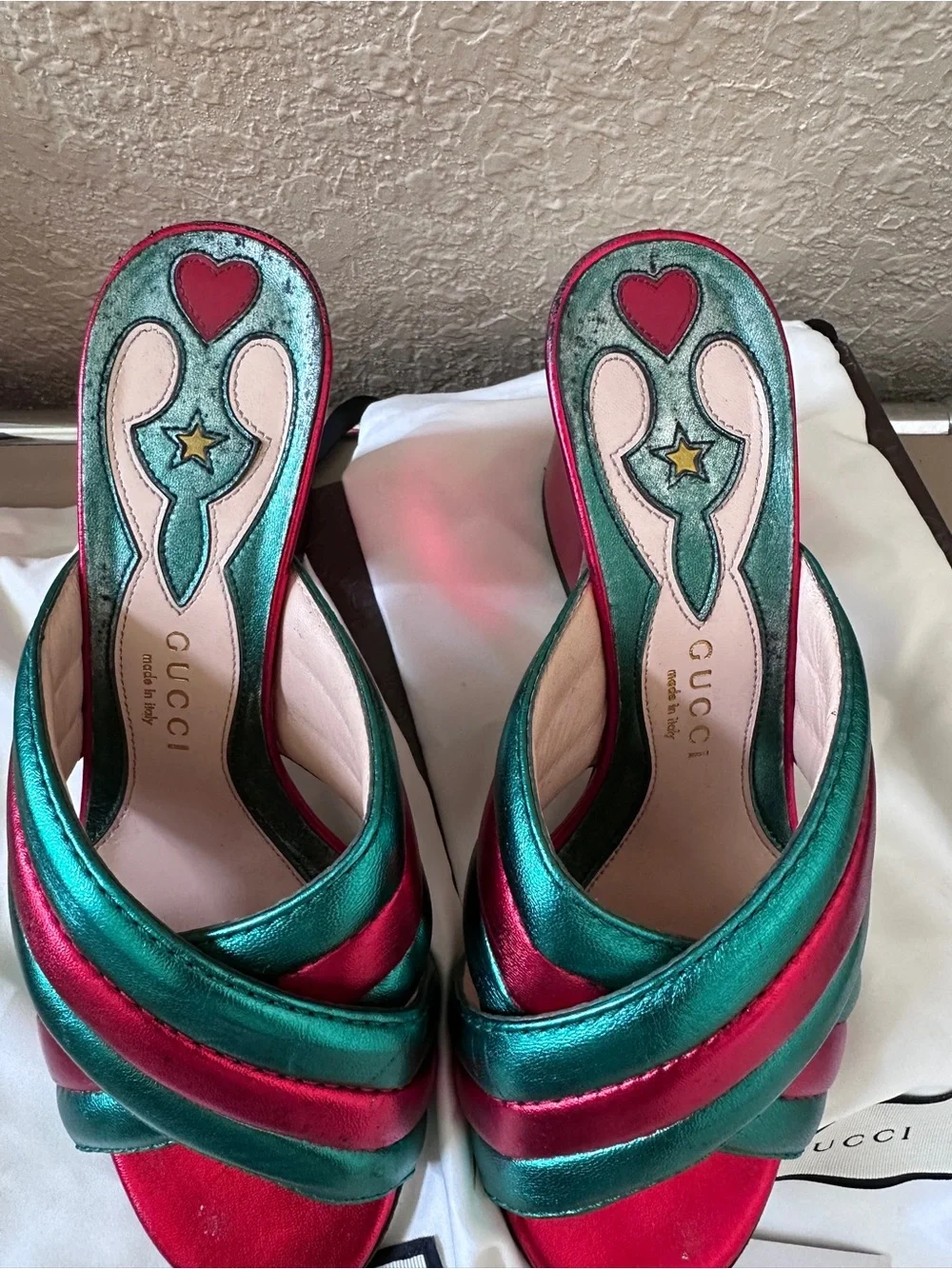 Gucci Metallic Teal and Fuchsia Crisscross Slide Mules - Picture 3 of 16